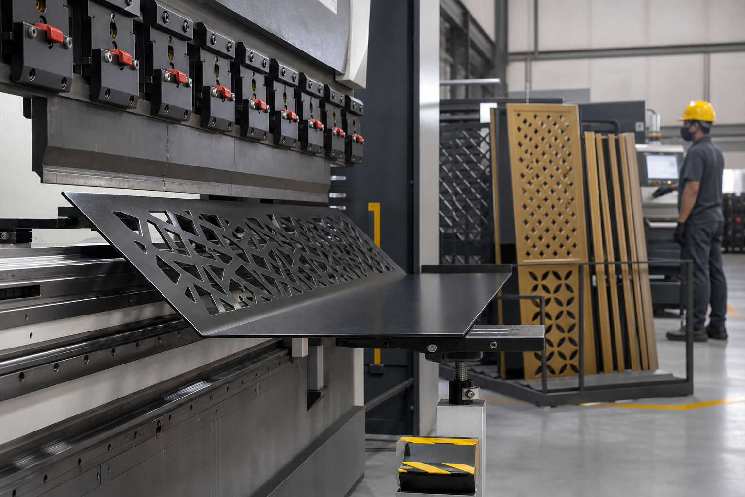 Press brake bending a laser-cut architectural metal panel